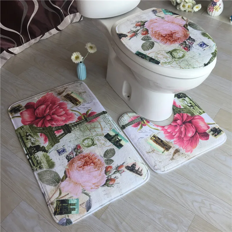 

Floral Flannel Bath Mat Bathroom Carpets Set Shower Room Foot Mat Toilet Pedestal Rug Bathroom Bath Mat Anti-slip Floor Rugs