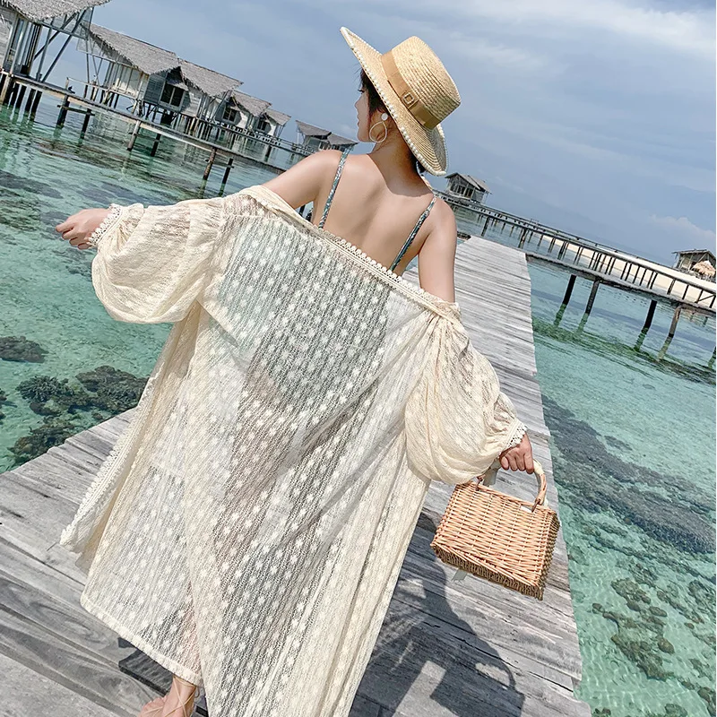 Женская пляжная блузка Длинная накидка на бикини кружевная вязаная открытый