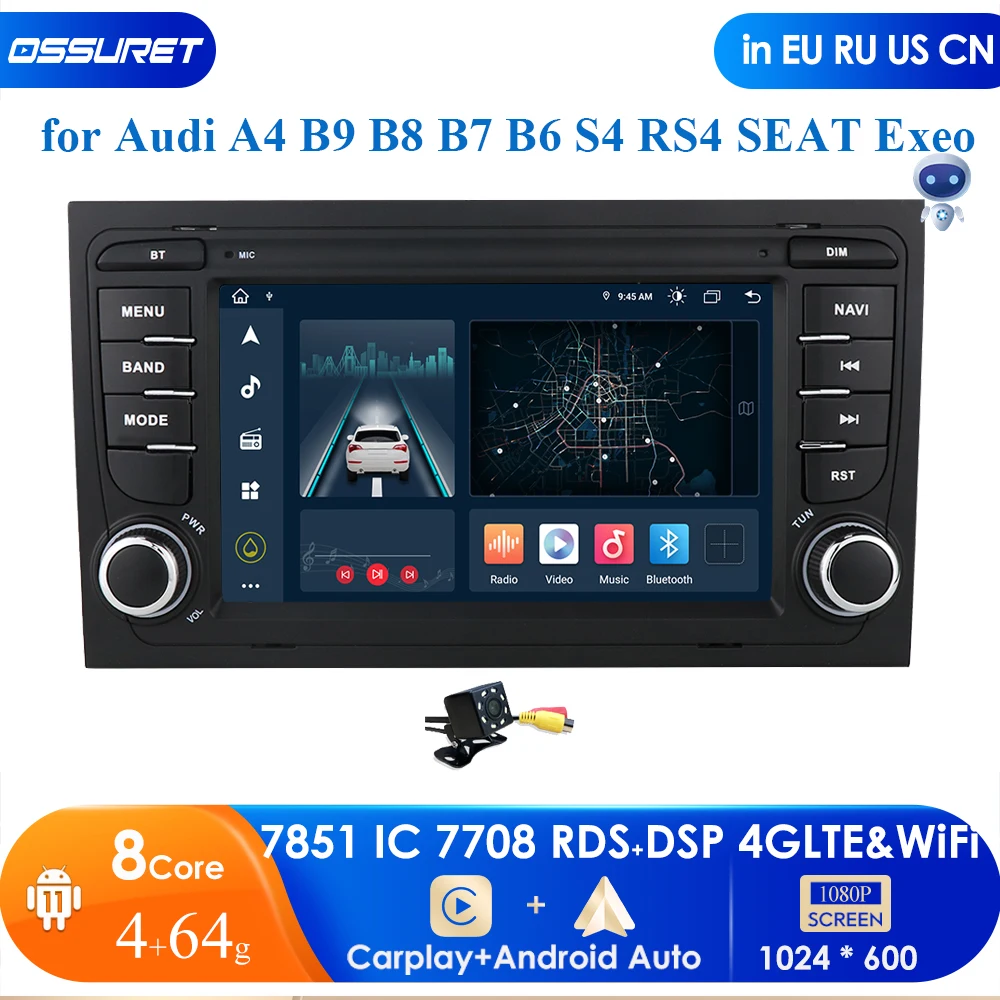 

4GLTE Carplay 2Din Android Autoradio GPS Fit Audi A4 2002-2007 B9 B8 B7 B6 S4 RS4 SEAT Exeo Car Multimedia Audio Stereo HeadUnit