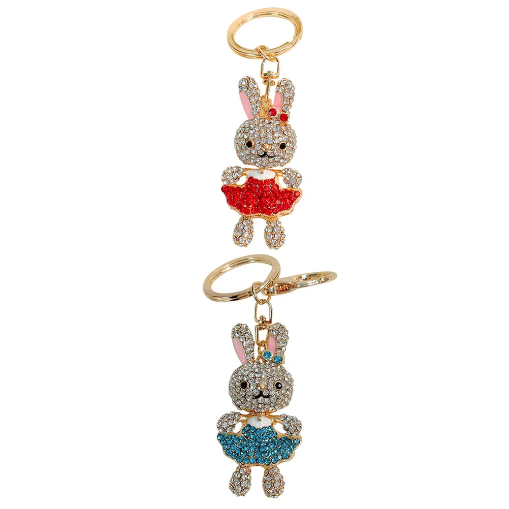 

2 Pcs Ornament Rhinestone Keychain Backpack Pendant Bunny Ring Diamond Metal Miss