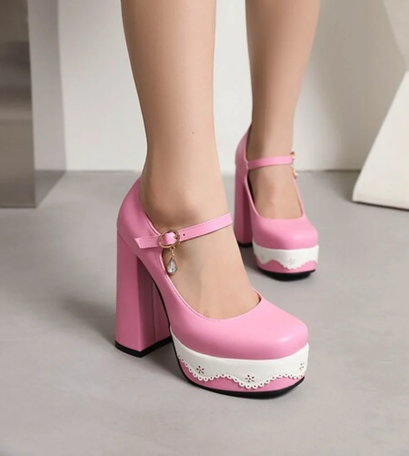 

2023 New Fashion Spring and Autumn High Heels Chunky Heels Thick Soles Plus Size 46 Elegant Simple Ladies Buckle Office Shoes