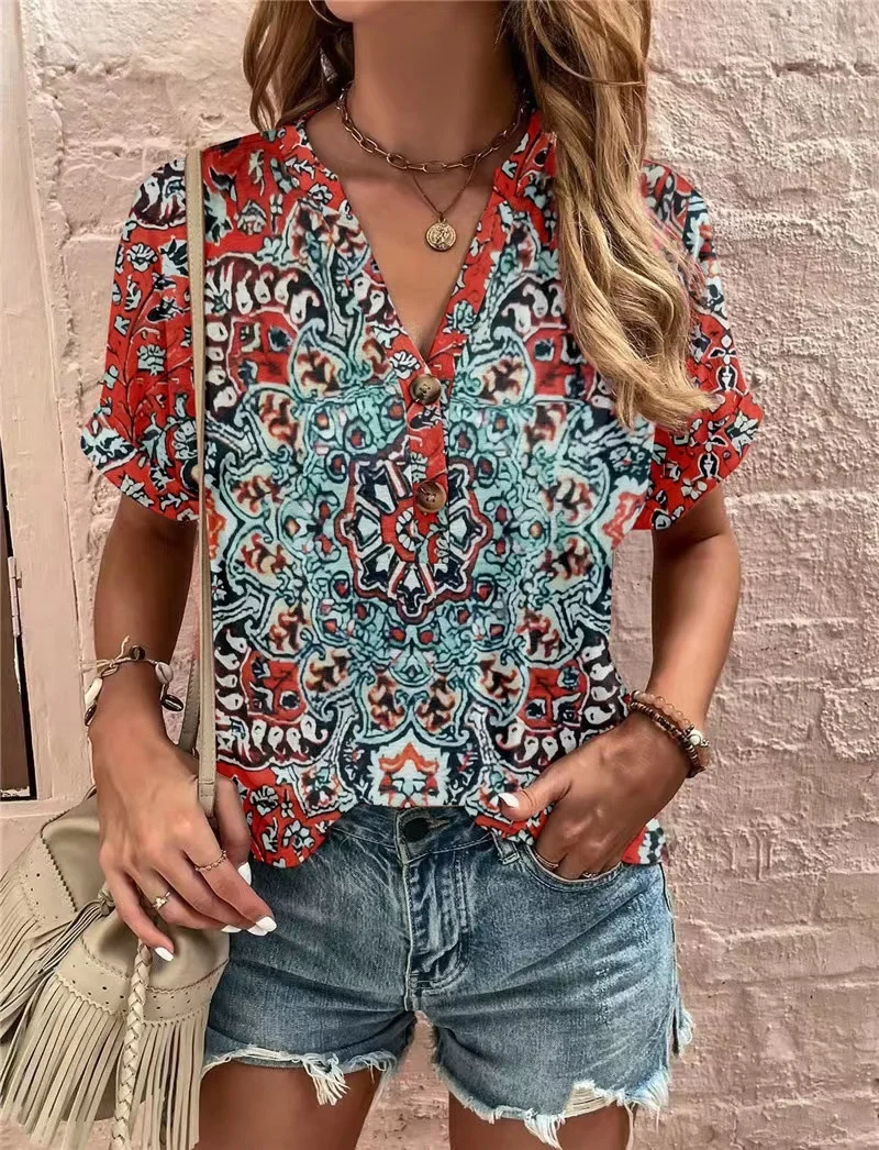 

2023 Summer New Women's Top Printed Twist Button Fashion Short Sleeve For Women Loose Tribal Printing Tops V-neck Striped Top