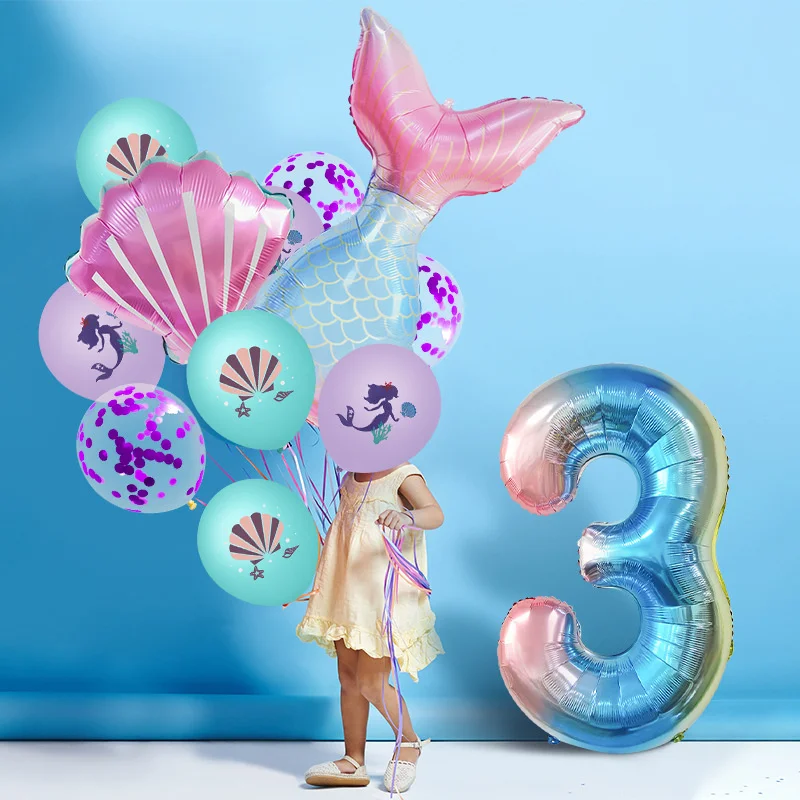 

11pcs Mermaid Numbers Birthday Balloons Girl 1 2 3 4 5 6 7 8 9th Birthday Party Background Arrangement Atmosphere Dress Up Set