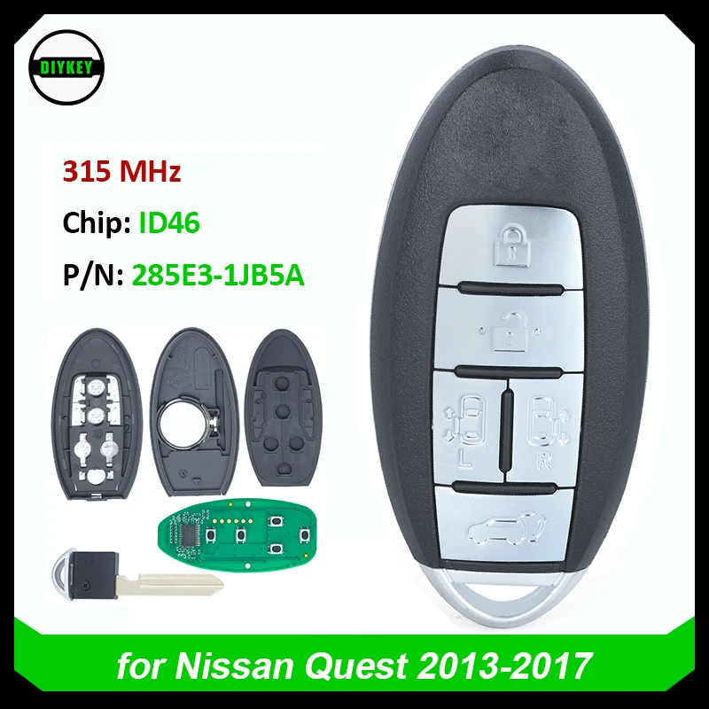 

DIYKEY Keyless-Go Smart Car Key for Nissan Quest 2013-2017 5 Button Remote Fob Unlocked -315MHz - ID46 Chip - 285E3-1JB5A