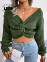 ledp 2022 fall new fashion elegant tops long sleeves sweaters knit twist pullovers womens high street off shoulder knitwear