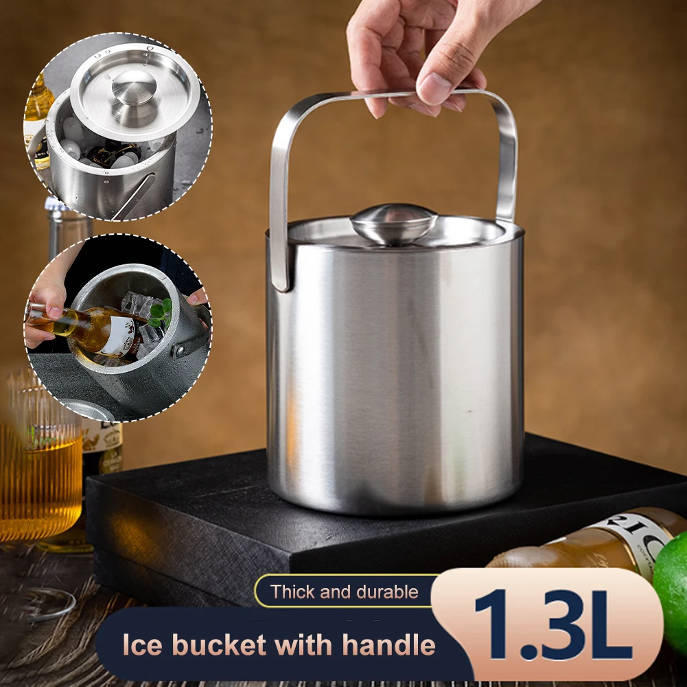 

1.3L Stainless Steel Ice Bucket Wine Beverage Cooler Drinks Chilling Bucket with Handle Cube Container for Home Bar Beach Party