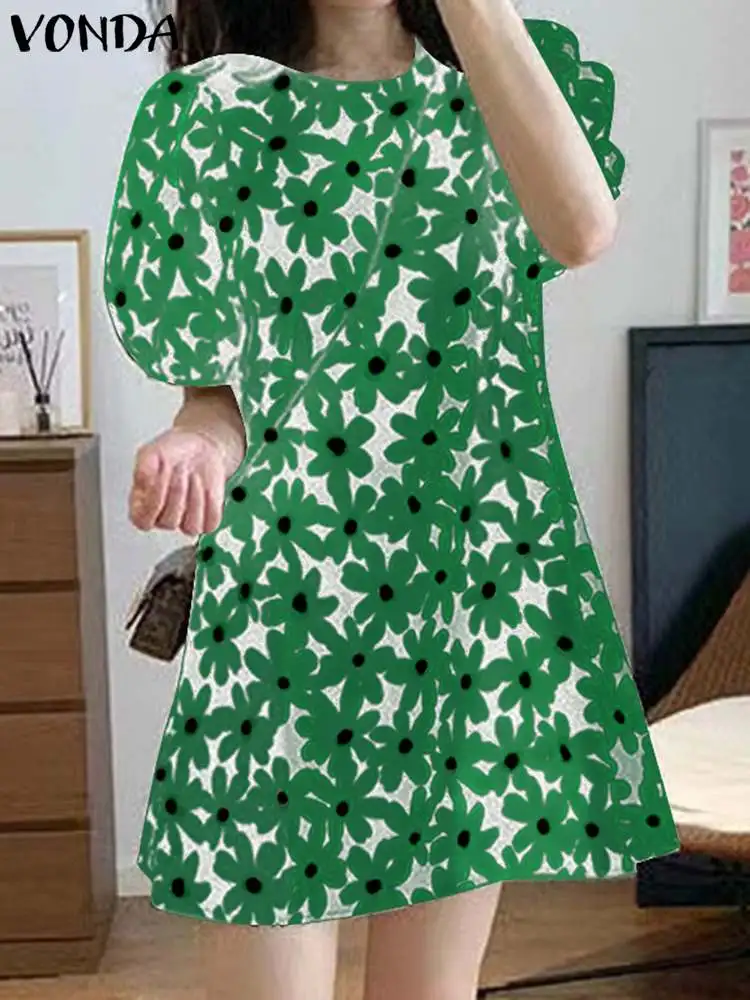 

VONDA 2023 Bohemian Women Mini Dress Summer Floral Printed Puff Short Sleeve Casual Vestido Loose Vintage Party Beach Robe Femme