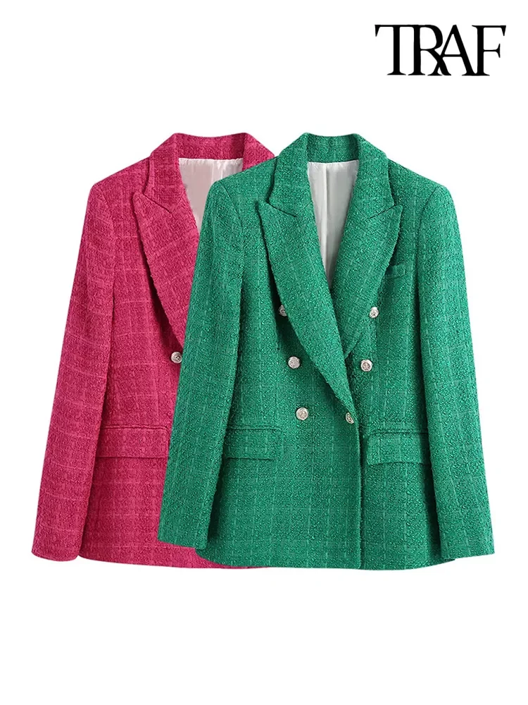 

Женский двубортный твидовый Блейзер TRAF, зеленый винтажный пиджак с длинными рукавами и карманами с клапаном, верхняя одежда, шикарный пиджа...