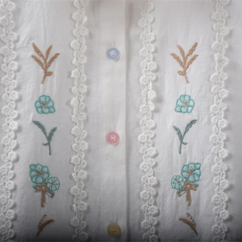 Японские милые рубашки с вышивкой кардиган круглым воротником на пуговицах