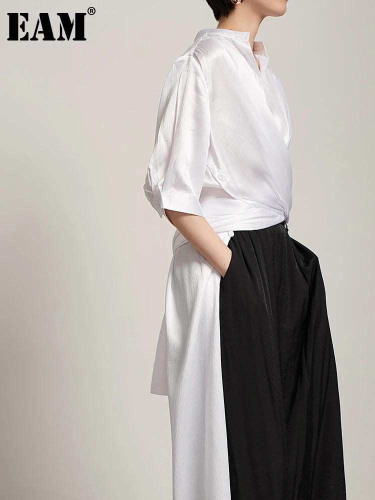 

[EAM] Women White Bandage Irregular Big Size Long Blouse New Lapel Short Sleeve Shirt Fashion Tide Spring Summer 2022 1DE8182