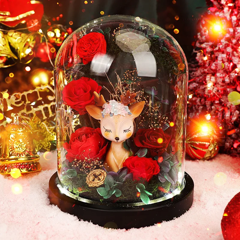 

Eternal Preserved Roses In Glass Dome Xmas Elk Rose Forever Love Wedding Favor Valentine's Day Mothers Day Gifts for Women