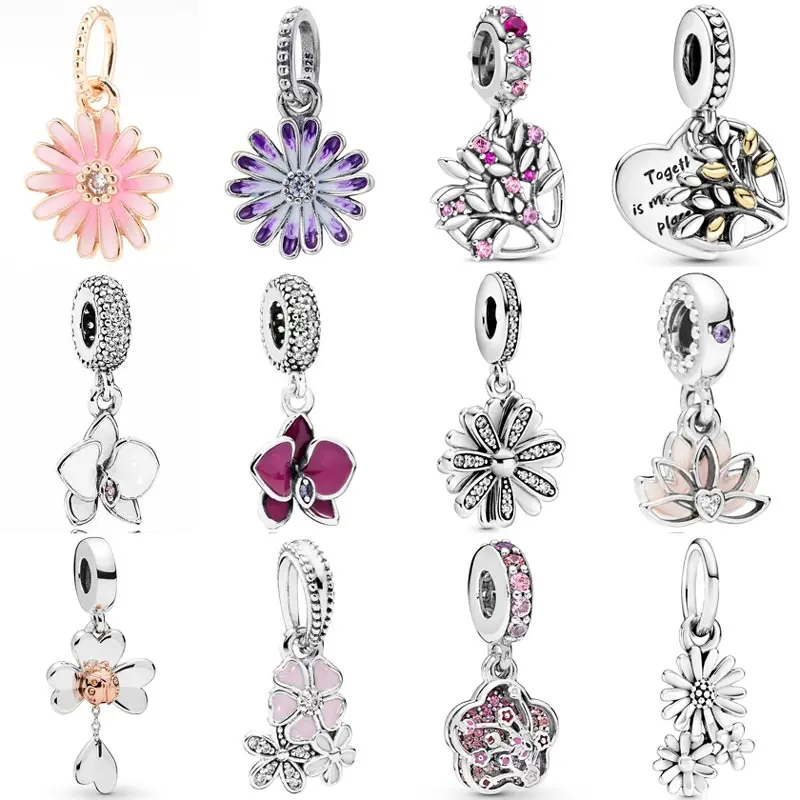

Purple Daisy Orchid Serene Lotus Flower Family Tree Heart Pendant Beads 925 Sterling Silver Charms Fit Pandora Bracelet Jewelry