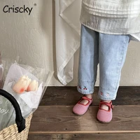criscky baby jeans solid color jeans for girls spring autumn embroidery cherry jeans baby girl casual style toddler girl clothes