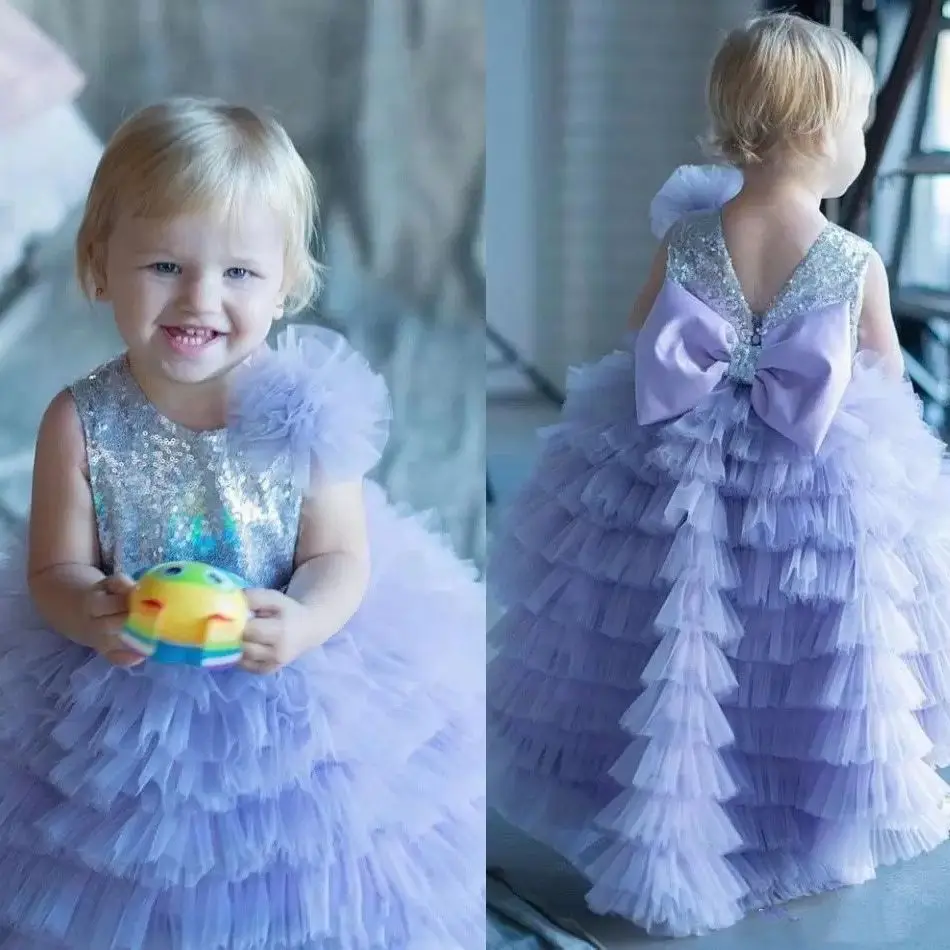 

Cute Kids Flower Girl Dresses Bow Sequined Ruffles Tiered Purple Sleeveless Formal Boho Pageant Dress