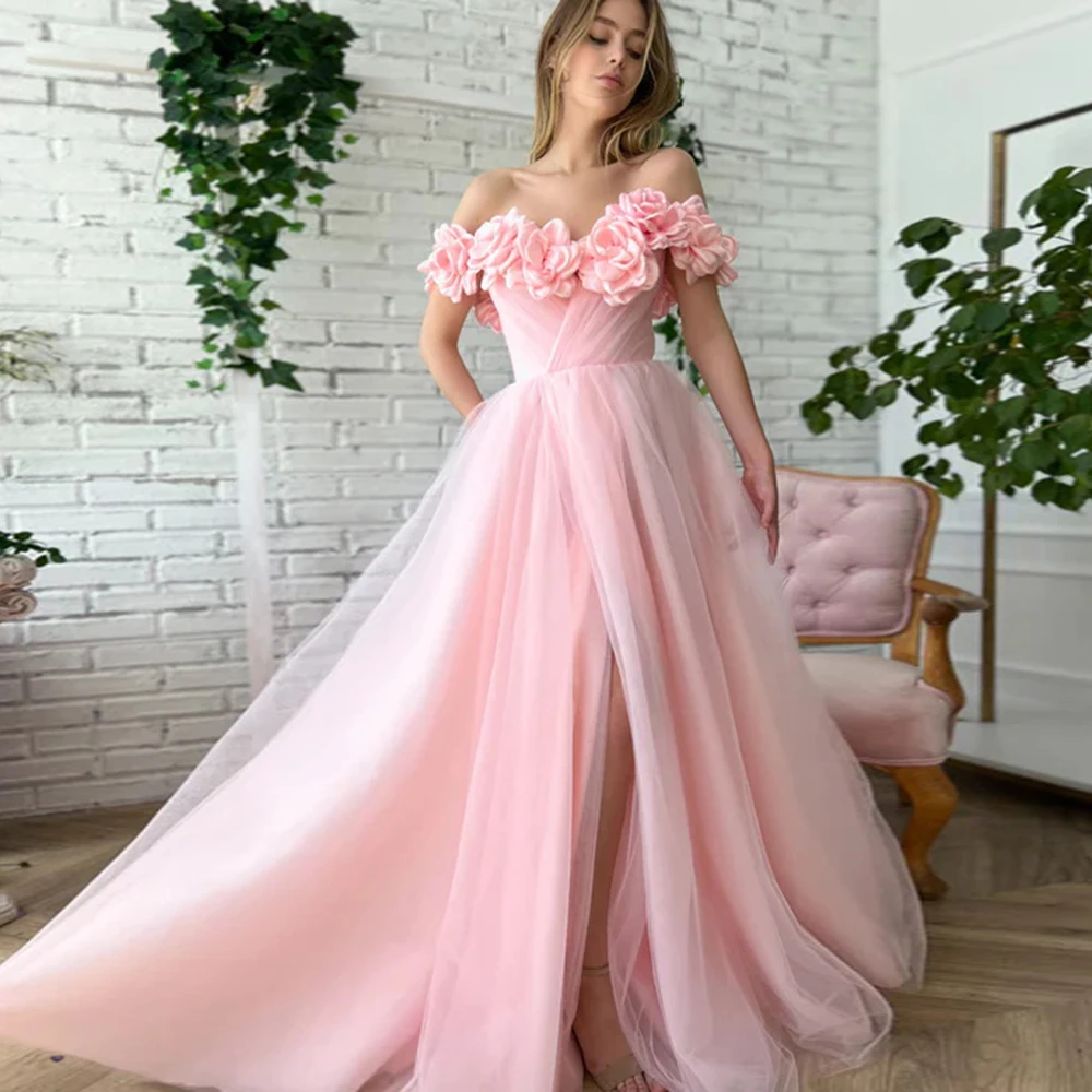 

Pink A-Line Prom Gown Sweetheart Off The Shoulder Tulle Front High Split Long Formal Evening Dresses Sexy Party robes de soirée