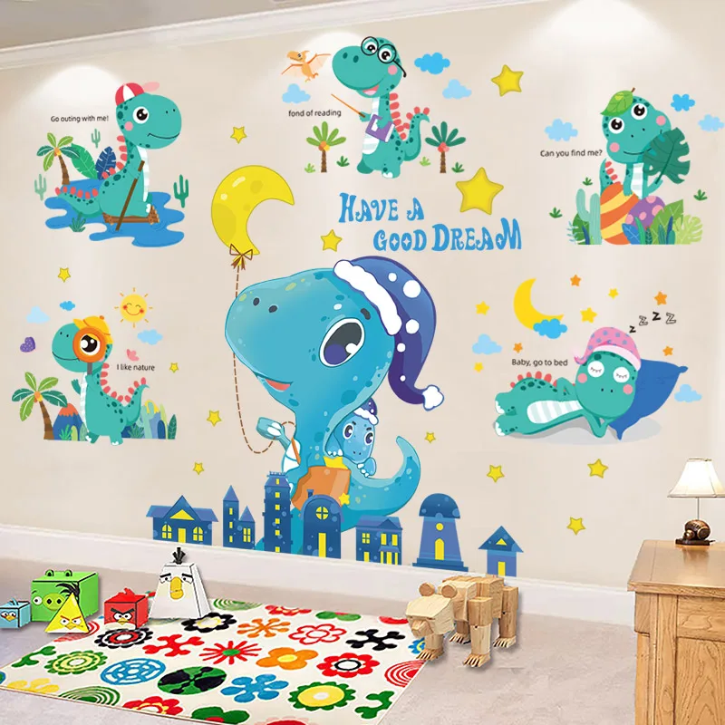 

Cartoon Dinosaur Animals Wall Stickers DIY Stars Moon Wall Decals for Kids Room Baby Bedroom Children Nursery Home Decoration