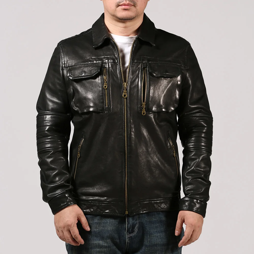 

Italian Hunting High Quality Large Size Sheepskin Men's Lapel Multi-pocket Casual Motorcycle Leather Jacket
