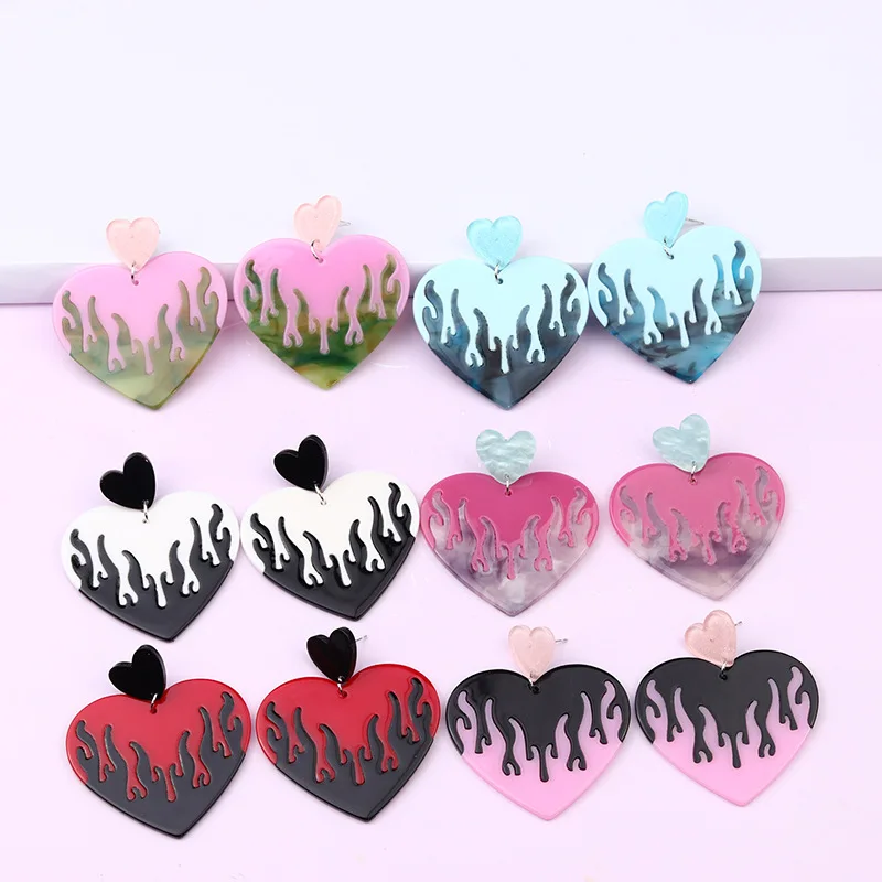 

VSnow Temperament Colorful Love Heart Flame Arcylic Dangle Earings for Women Fashion Candy Color Wedding Earings Jewelry