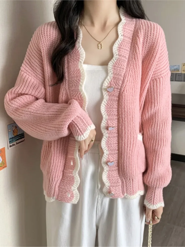 

Autumn Winter Japanese Sweet Cardigan Knitted Jacket For Women Fashion Long Sleeves Casual Short Coat Lady Sweater Outwear