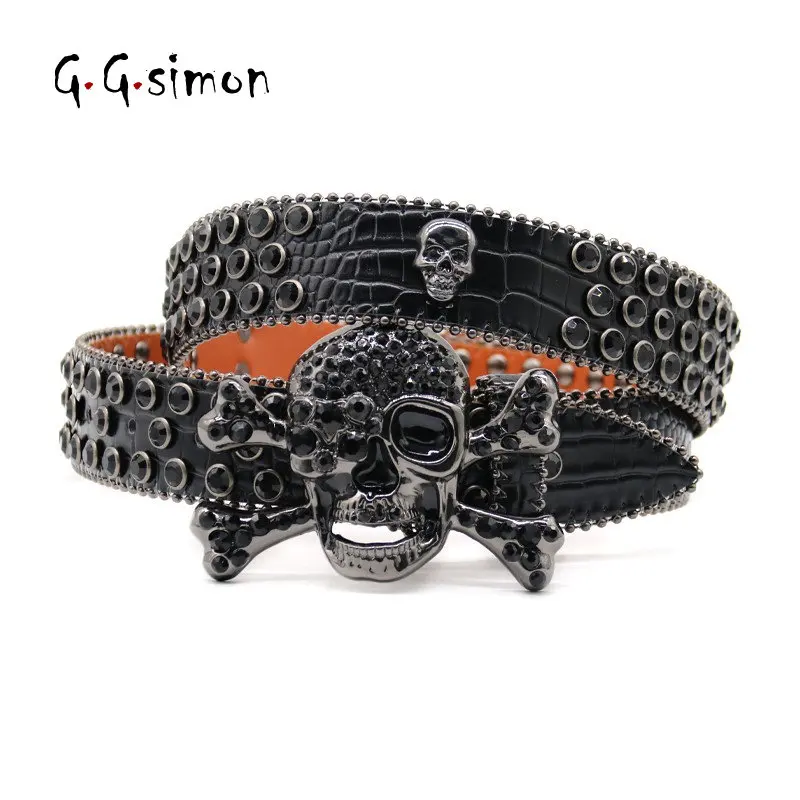 GGSIMON Western Rhinestone Belts Luxury Strap Diamond Y2K Belt Vintage Rhinestone Skull Studded Belts for Men ремень мужской