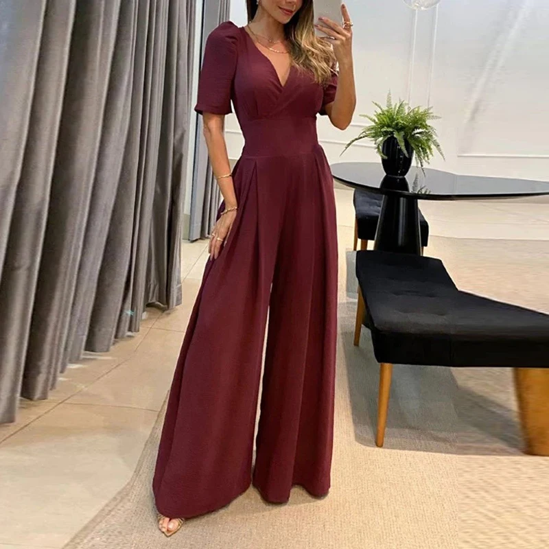 

Women 2022 Fall Casual V-Neck High Waist Short Sleeve Wide Leg Jumpsuit Bow Office Fashion Pleat Wide Leg Pant Playsuit Overall