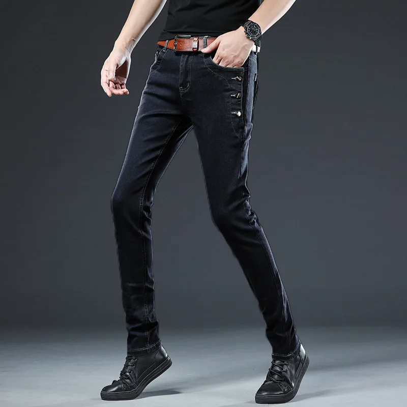 

2022 Cotton Men Jeans Pants Lace Up Denim Trousers Black Pants Skinny Slim Hip Hop Sportswear Elastic Waist Male Trousers