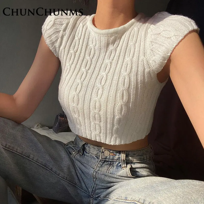 

Женский вязаный пуловер с коротким рукавом, черный или белый свитер в стиле Харадзюку, вязаный укороченный топ на весну, зима