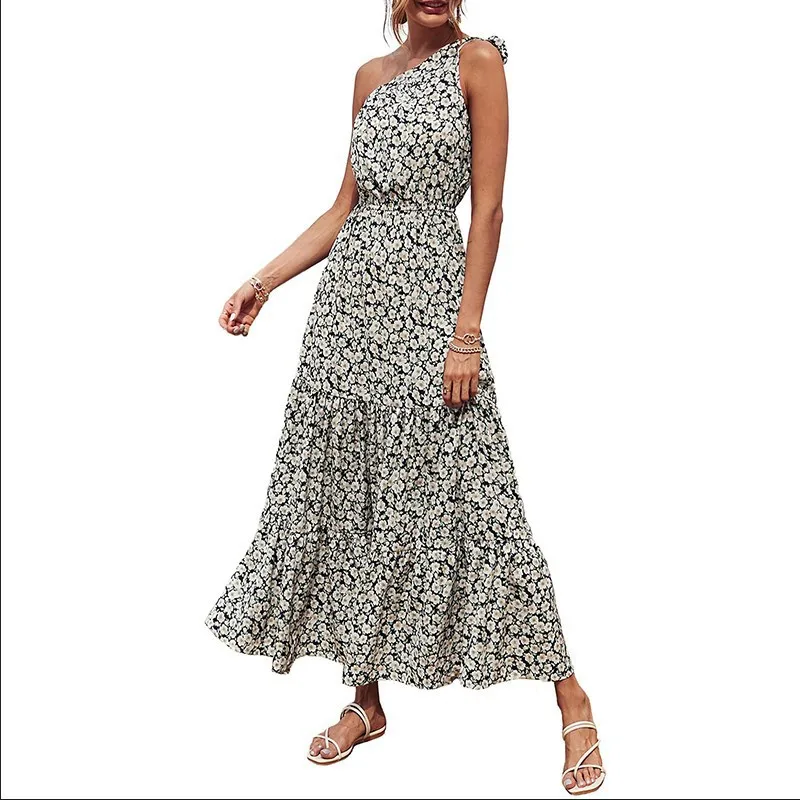 

Sexy One Shoulder Long Dress Summer 2022 Simple Casual Floral Print Dresses Fashion Loose Beach Sundress Chiffon Dress