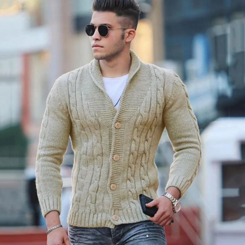 Mens Fashion Plus Size Lapel Cardigan Knit Sweater Spring Autumn Solid Color V-Neck Button Slim Harajuku Sweater Korean Clothes