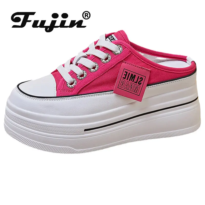 Fujin/женские тапочки из джинсовой ткани на платформе 7,5 см; Повседневные Удобные брендовые дышащие летние туфли с открытым носком на шнуровке Fujin/женские тапочки из джинсовой ткани на платформе 7,5 см; Повседневные Удобные брендовые дышащие летние туфли с открытым носком на шнуровке