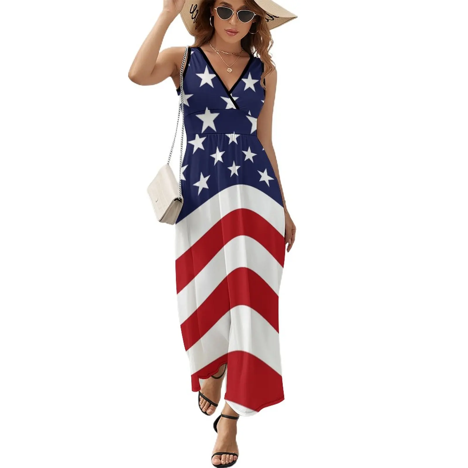 

Платье-макси в белую и красную полоску, с V-образным вырезом