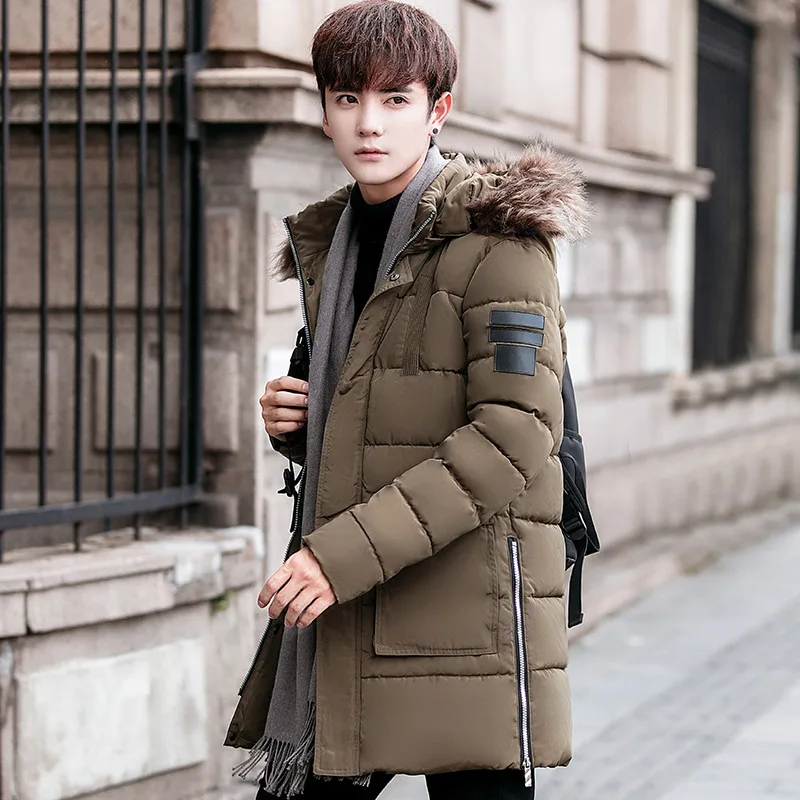 Winter Men's Cotton Coat Thickened Hooded Mid-length Fur Collar Youth Men's Large Size Cotton Coat Down Cotton