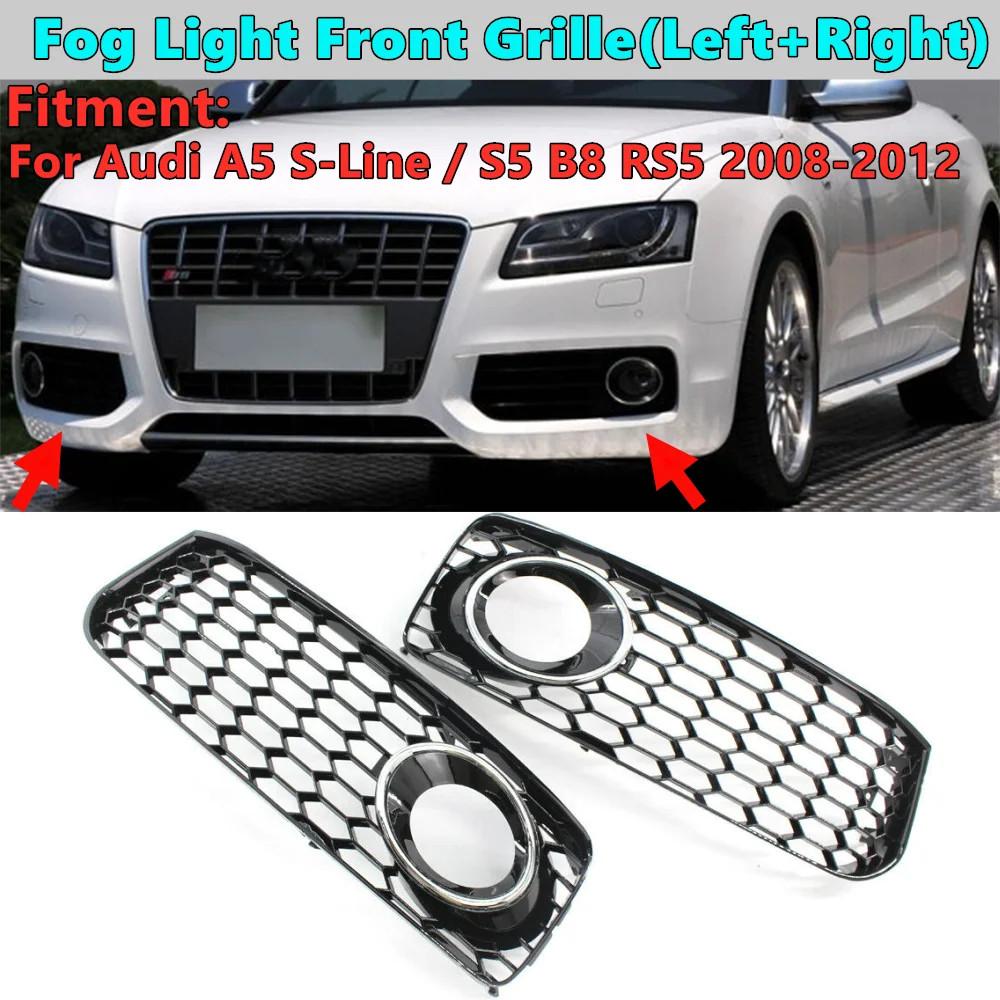

1 Pair Car Fog Lamp Cover Honeycomb Hex Mesh Front Fog Light Grille Grills W/CHROME For Audi A5 S-Line / S5 B8 RS5 2008-2012