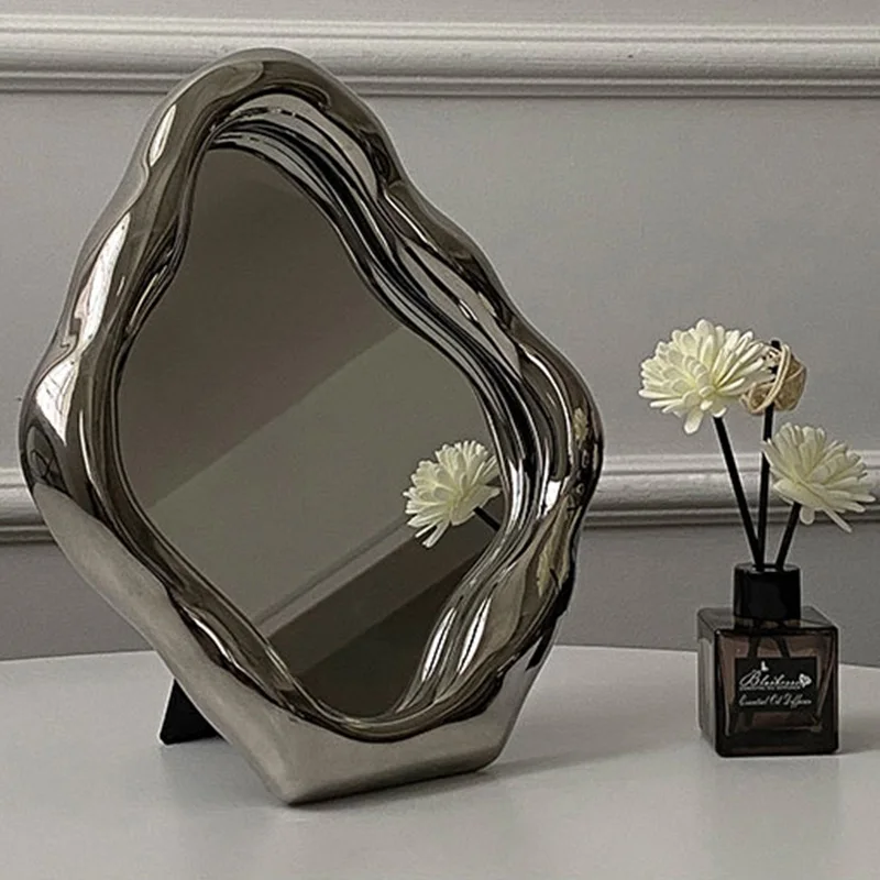 

Compact Makeup Mirror Shaving Cosmetic Magnifying Irregular Silver Bedroom Table Mirror Desk Espelho Banheiro Home Decorative
