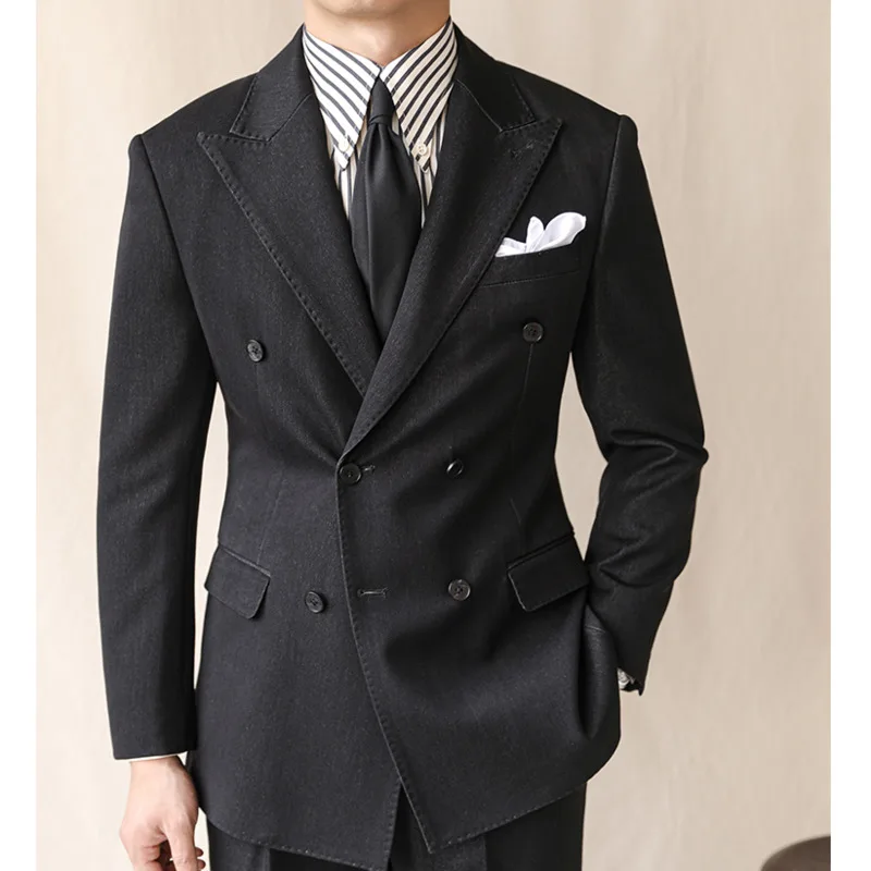 Мужской двубортный Блейзер Неаполя черный деловой облегающий пиджак пальто 2024