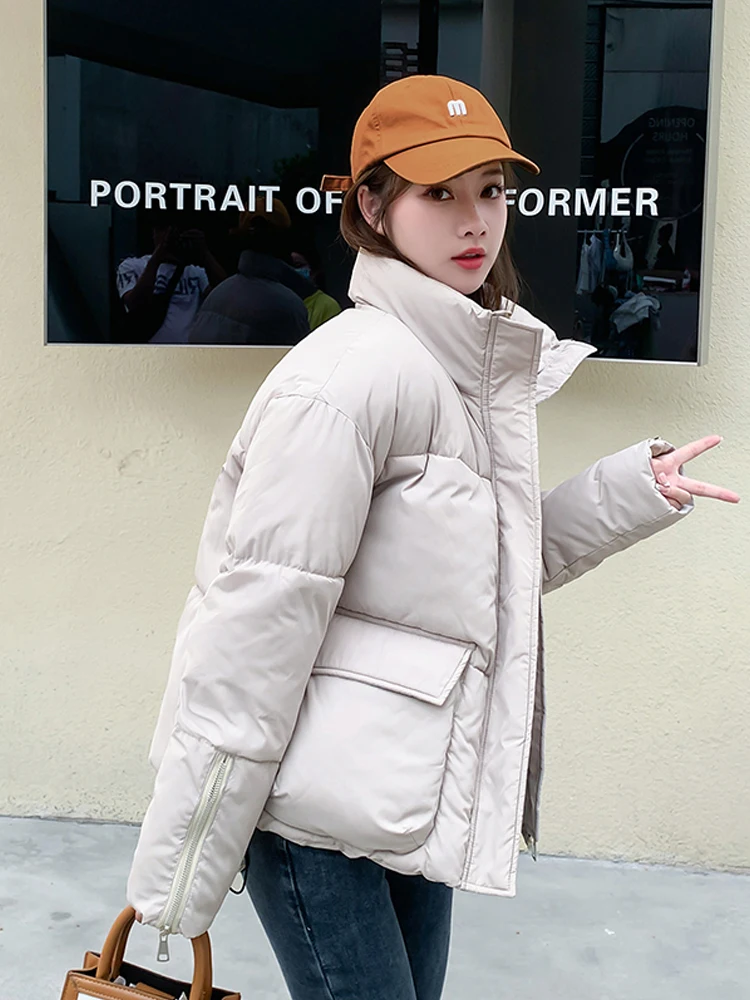 2022 New Arrival Women Winter Parka Stand Collar Students  Korean Style Coat Solid Green Blue Fashion Outwear Jacket