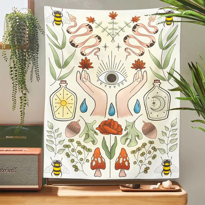 

Botanical Moon Tapestry Floral Wall Hanging Mushroom Chart Hippie Bohemian Tapestries Psychedelic Witchcraft Art Home Decor