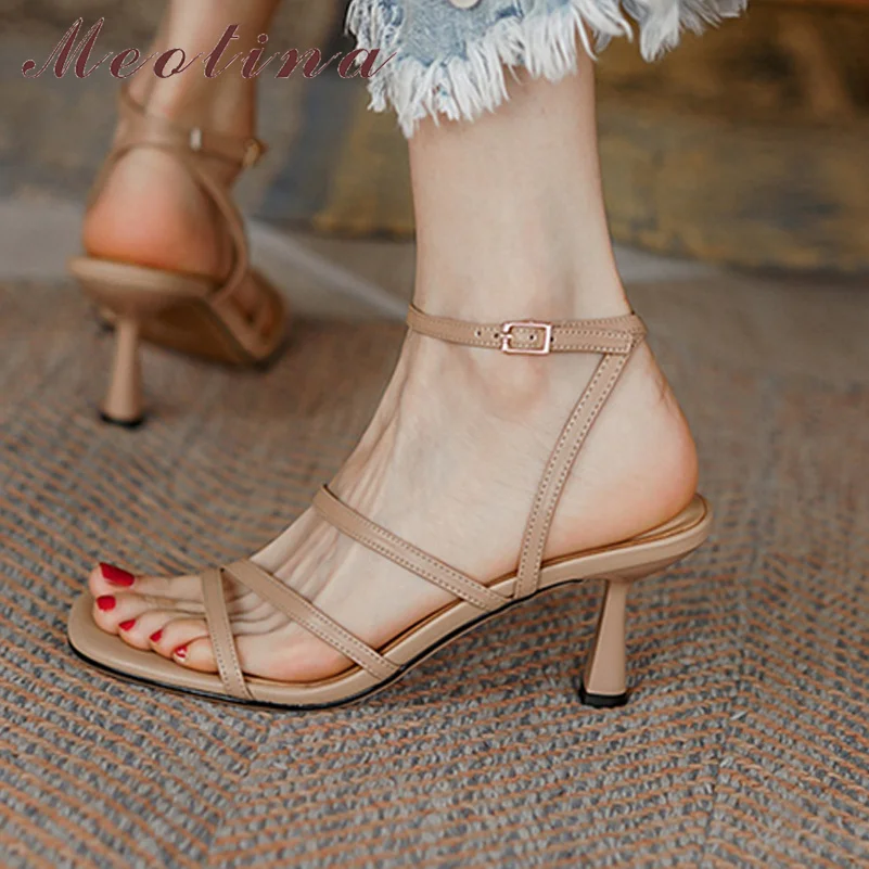 

Сандалии Meotina женские с квадратным ремешком, босоножки на тонком высоком каблуке, туфли с пряжкой и узким ремешком, Бежевая обувь, 40