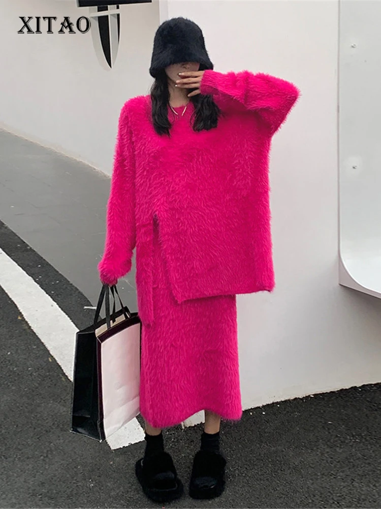 

XITAO комплект из двух предметов, женский модный пуловер с длинным рукавом, топ с эластичной резинкой на талии, юбка, 2022, зимняя элегантная SMH1177