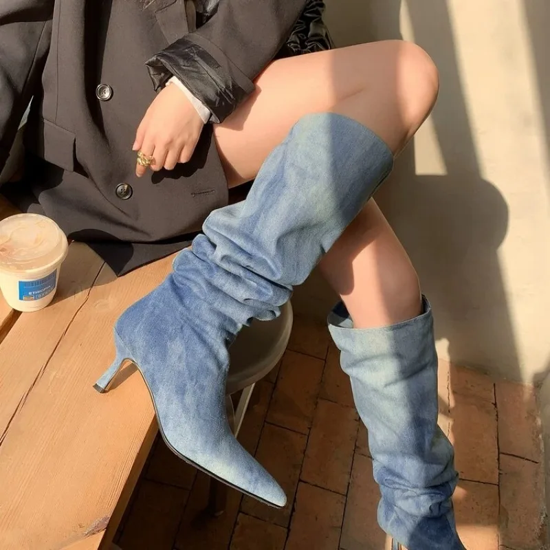 

Pleated High Heels Denim Boots for Women Autumn Jeans Knee High Cowboy Boots Woman Blue Thin Heeled Long Botas Feminina