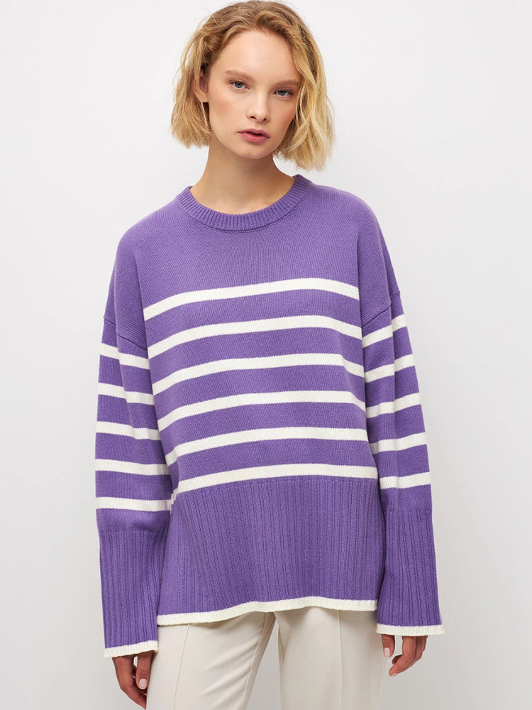 

CamKemsey Vintage Striped Winter Basic Knitted Sweaters For Women Casual O-Neck Autumn Loose Long Sleeve Knit Pullovers