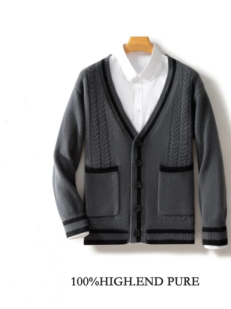 Мужское пальто вязаный кардиган из 100% мериносовой шерсти Осень-зима новый товар