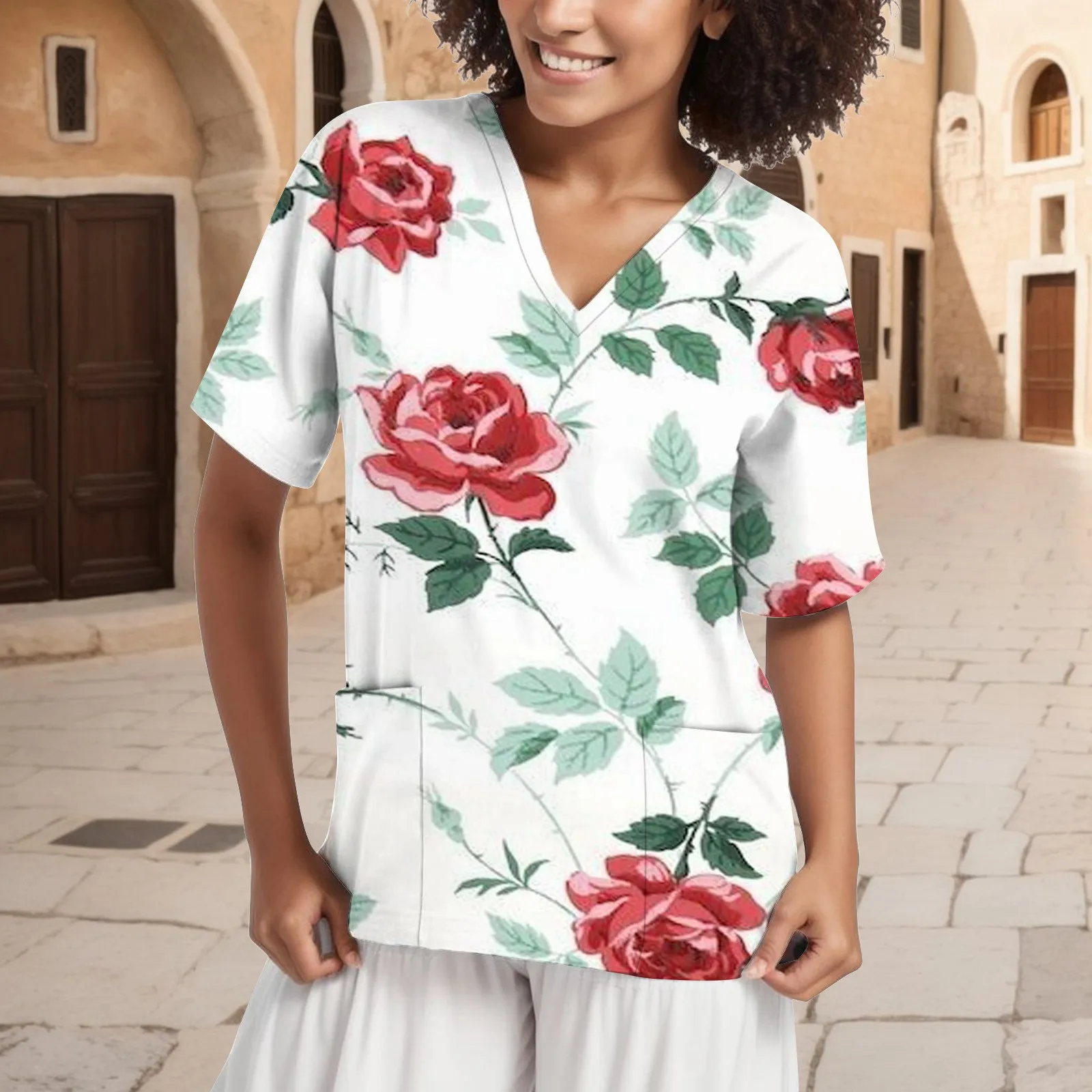 

Simple Floral Printed Nurse Tops Scrubs Women Short Sleeve V-Neck Uniform Pet Grooming Carer Workwear Pockets Blouse Shirt 2023