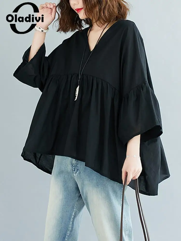 Oladivi Big Size Oversized Casual Loose Black Blouses Women Large Size Tops Lady Summer Shirts Tunic Blusas 3XL 4XL 5XL 6XL 8XL