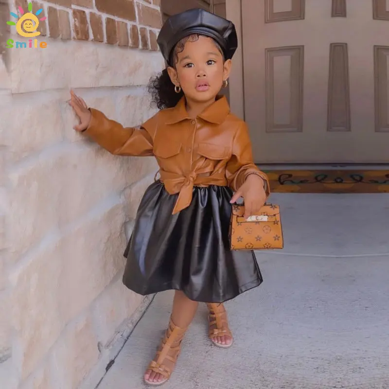 

Kids Girls Long Sleeve PU Patchwork Dress Spring Clothes Dresses Children Girls Casual Dresses with Belt Outfits 1-8 Years