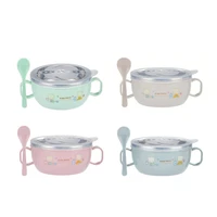 handle with lid baby cute non toxic stainless steel childrens bowl cartoon heat insulation bowl with spoon cutlery set