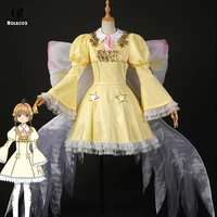 rolecos kinomoto sakura card captor cosplay stars yellow dress costume sakura card captor lolita dress party uniform with wings