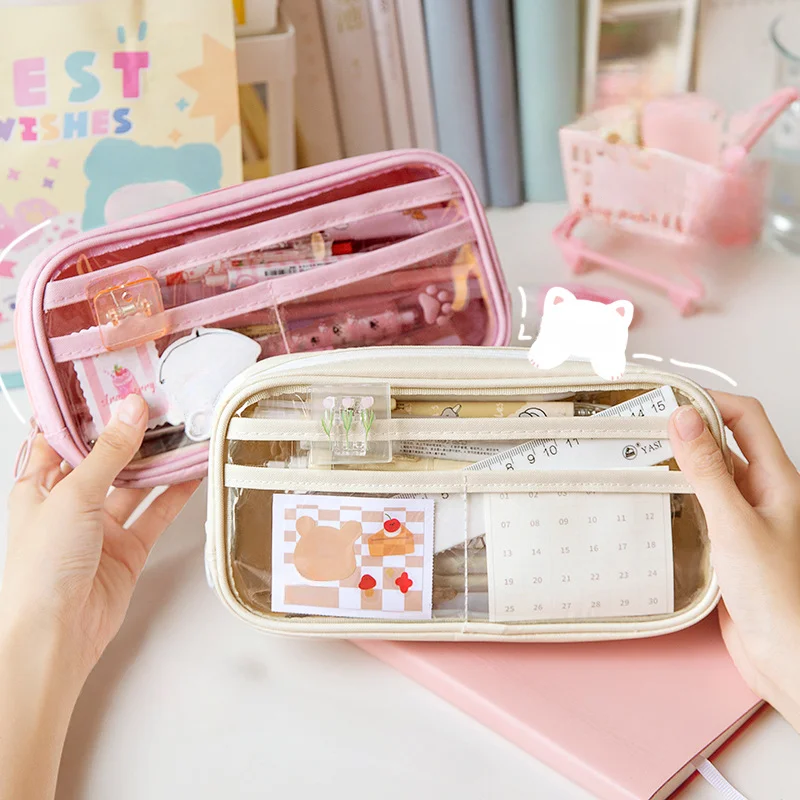 

Girl Transparent Large Capacity Pencil Bag Aesthetic School Case Pink Stationery Holder Box Zipper Pencil Pouch School Supplies