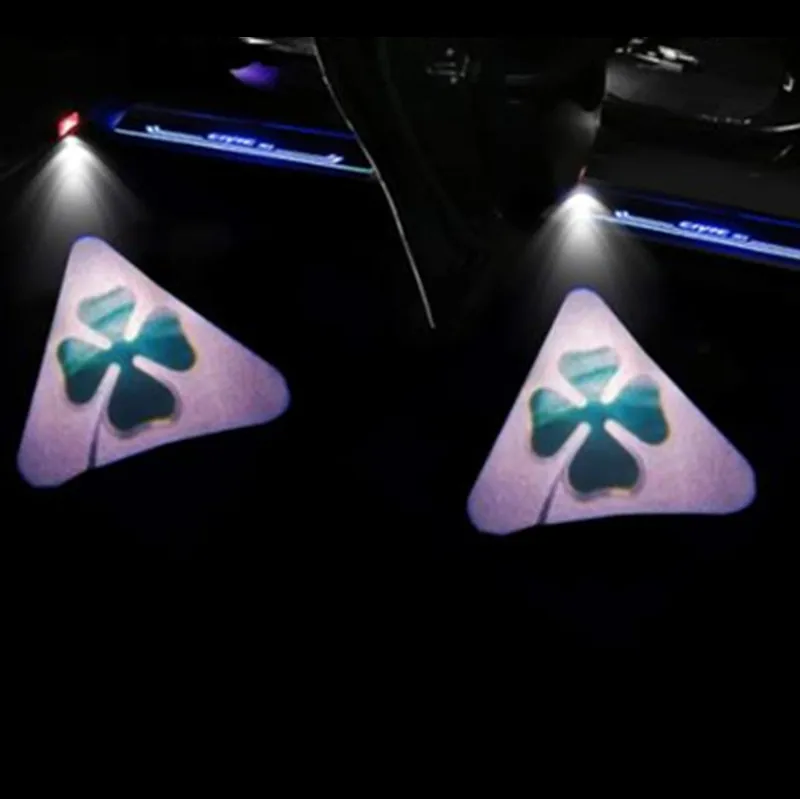 

2Pcs Wireless LED Car Door Welcome Shadow Projector Courtesy Step Lights For Alfa Romeo Four Leaf Clover Logo
