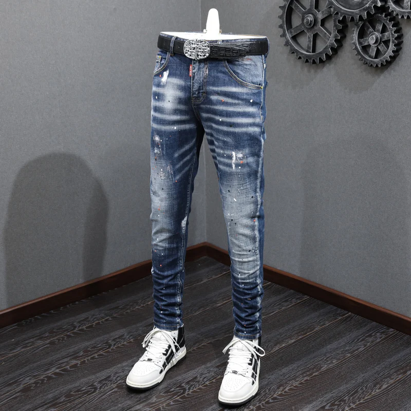 Newly Designer Fashion Men Jeans Retro Blue Elastic Embroidery Slim Ripped Jeans Men Hip Hop Painted Vintage Denim Pants Hombre